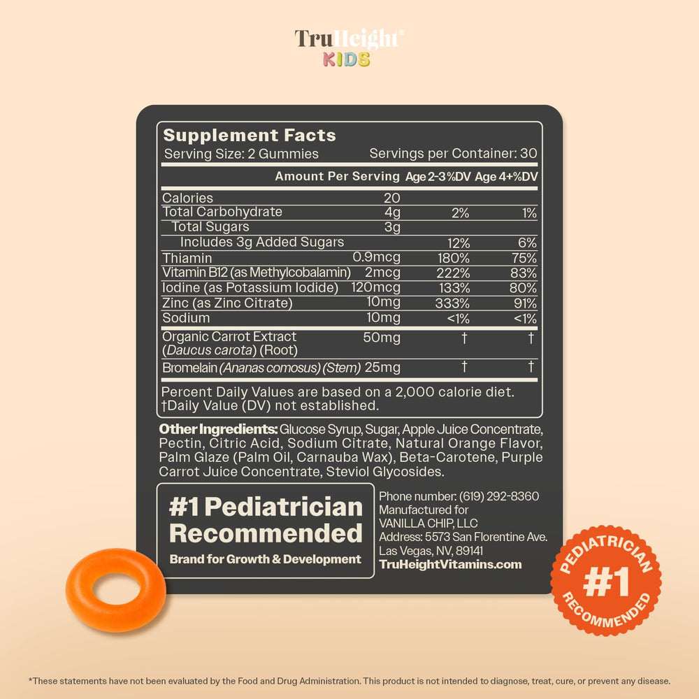 GMO-free, gluten-free TruHeight gummy label highlighting low sugar.