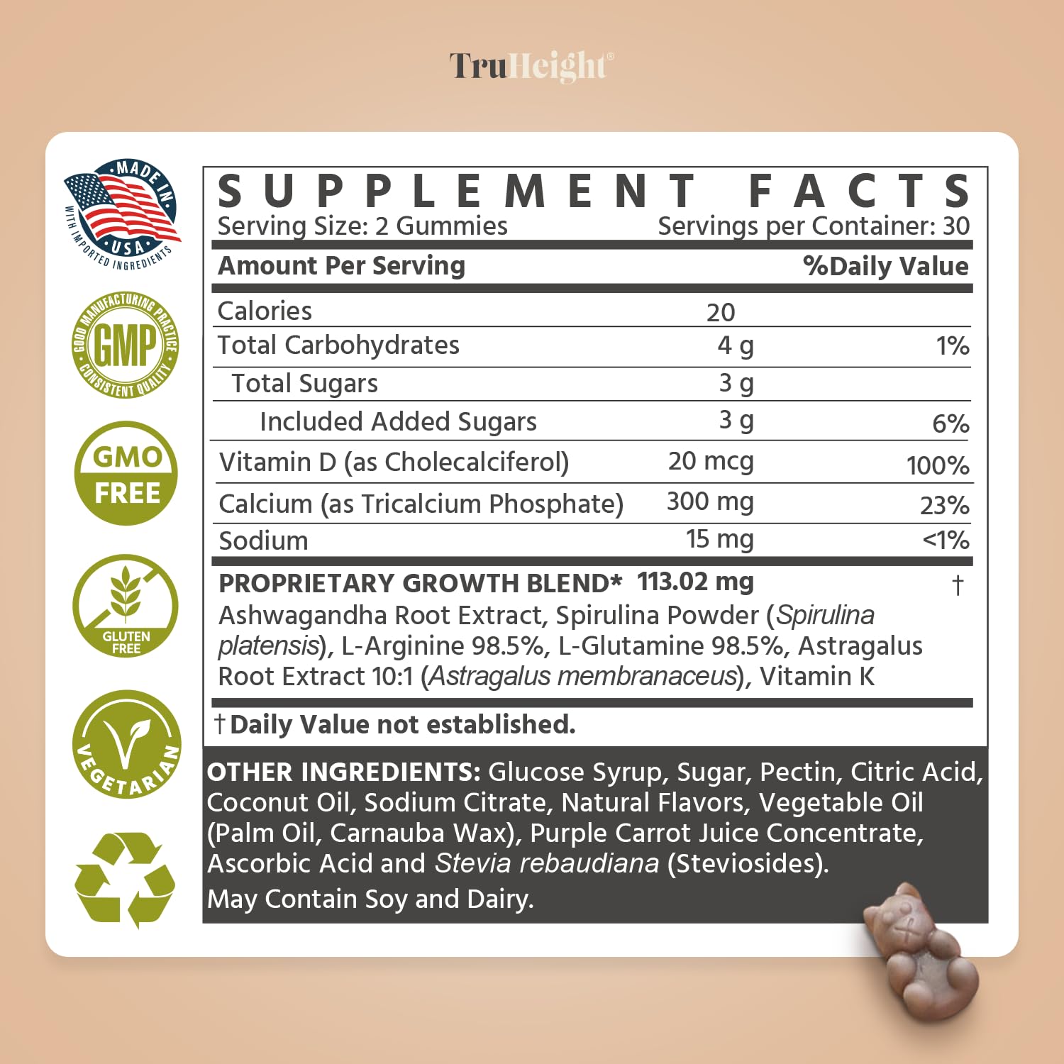 TruHeight Growth Gummies USA GMP facility label emphasizes quality manufacturing.