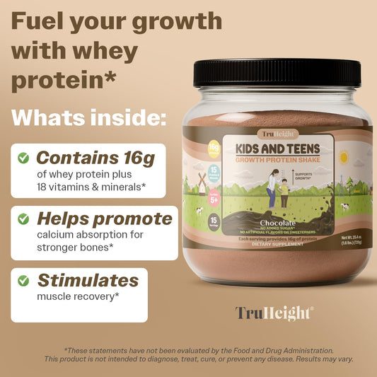 TruHeight Growth Protein Shake glass filled with chocolate, a kid-friendly post-activity snack