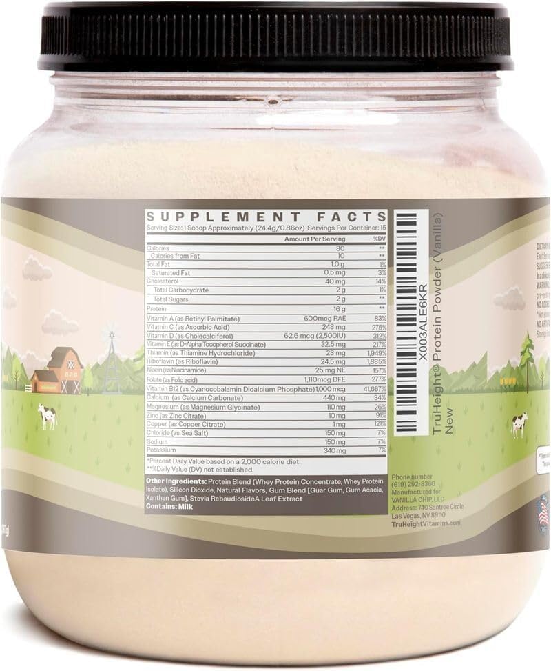 TruHeight vanilla shake nutrition label highlights protein and low sugar.