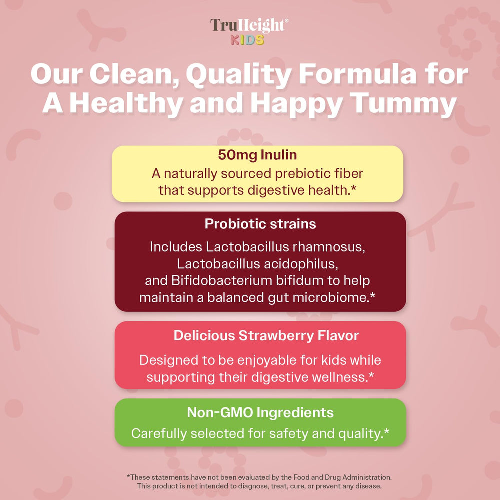 TruHeight kids digestive enzyme support jar highlights gentle tummy balance.