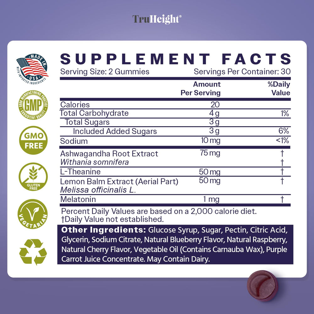 Ingredient panel featuring ashwagandha and lemon balm on TruHeight gummies.