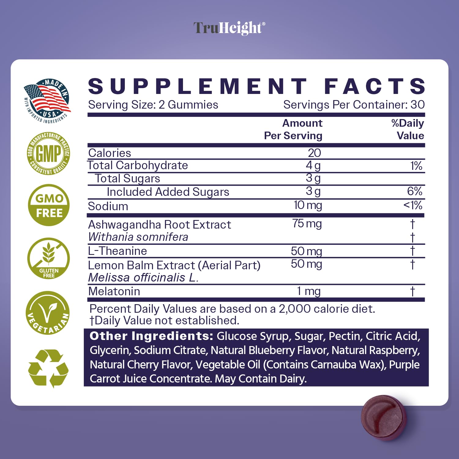 Dosage chart shows 2 gummies for ages 4 and up.