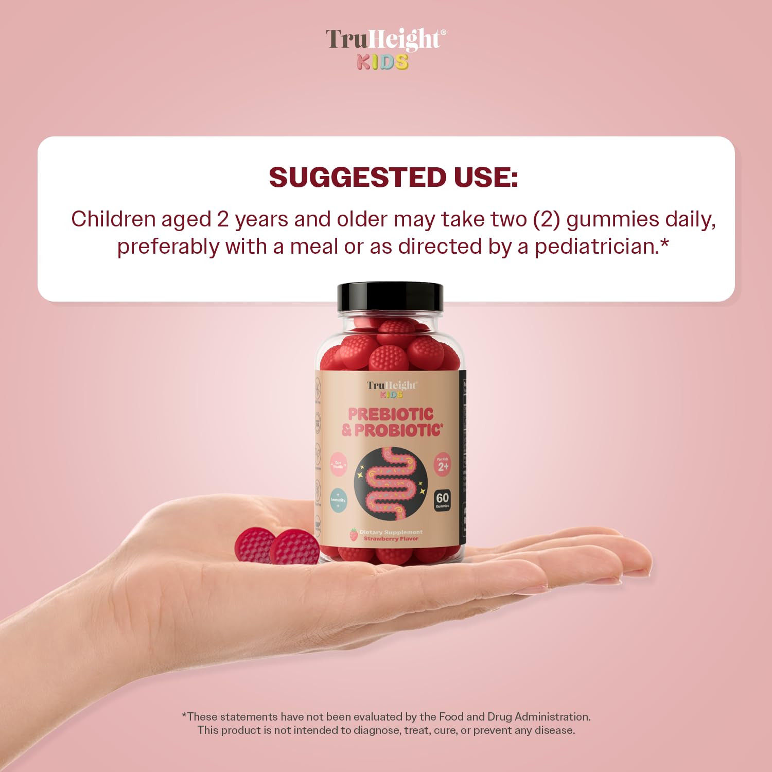 TruHeight strawberry flavor gummies attract kids while supporting gut balance.