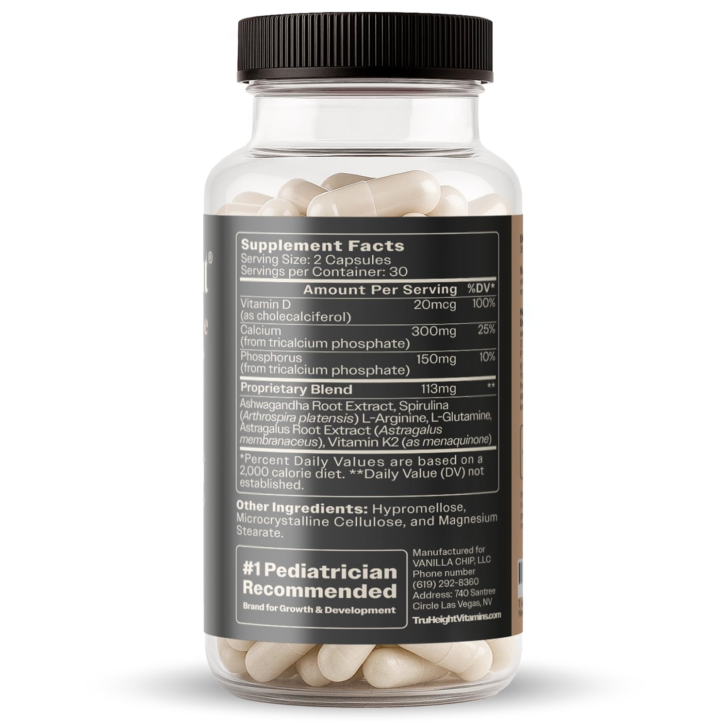 TruHeight vitamins D3 K2 calcium closeup emphasizes absorption support.