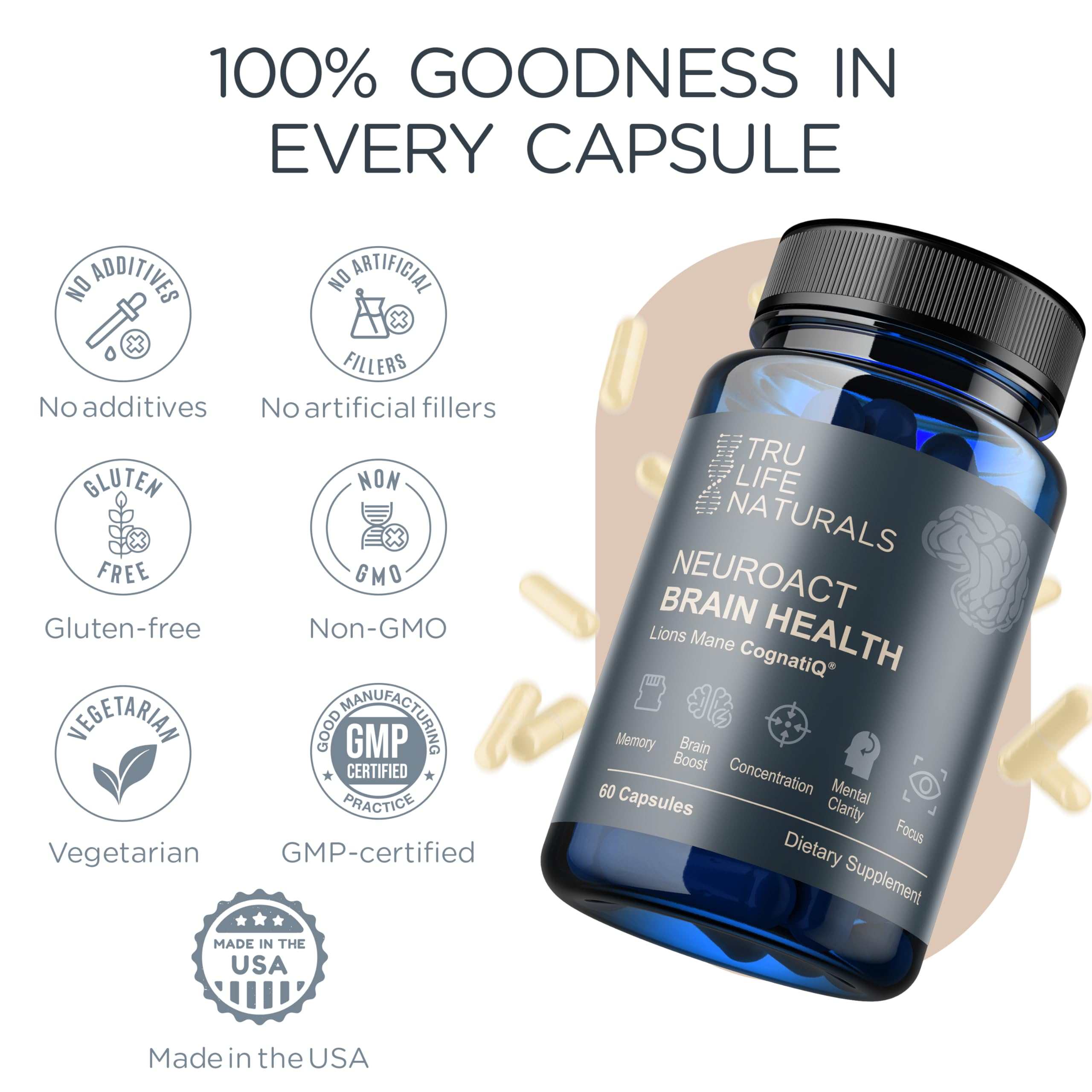 TRULIFE NATURALS NeuroACT Lions Mane motif highlights cognitive support.
