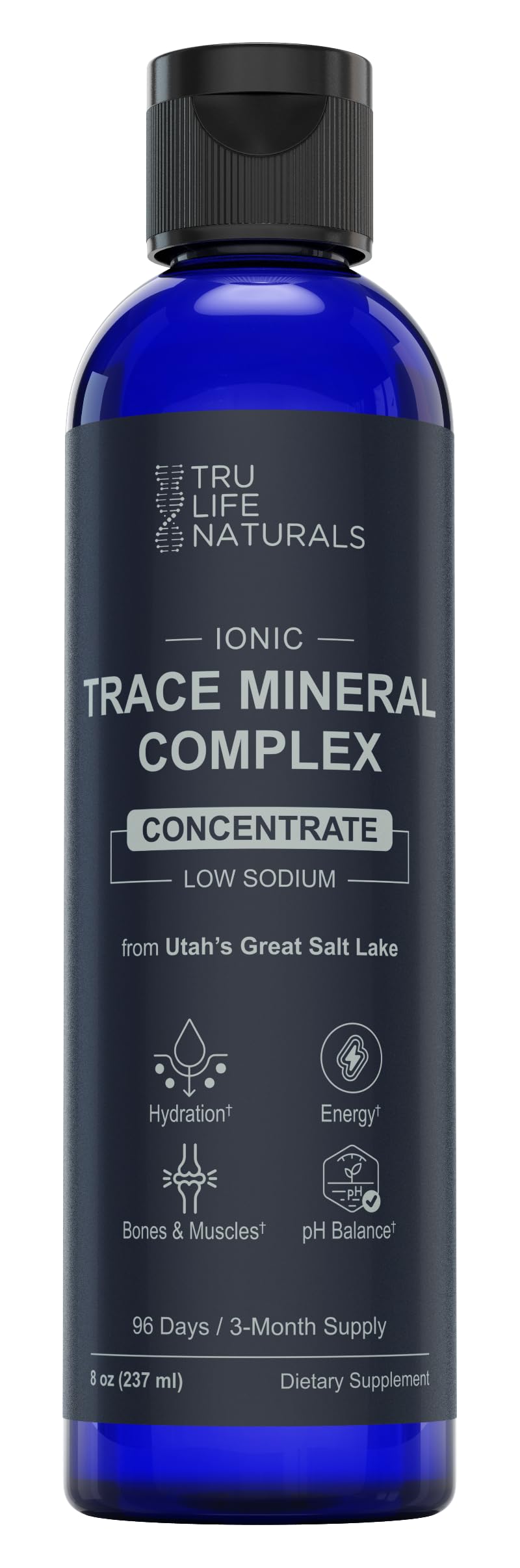 TRULIFE NATURALS Trace Mineral Complex bottle shows 72 minerals for hydration.