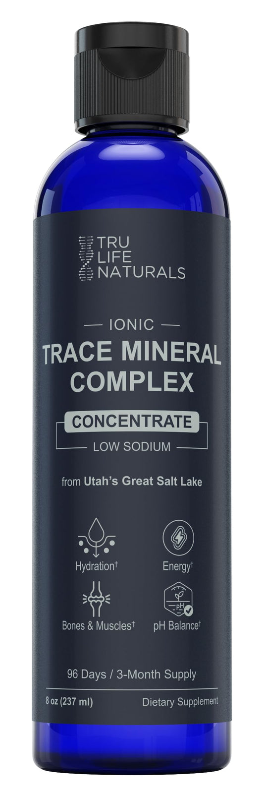 TRULIFE NATURALS Trace Mineral Complex bottle shows 72 minerals for hydration.