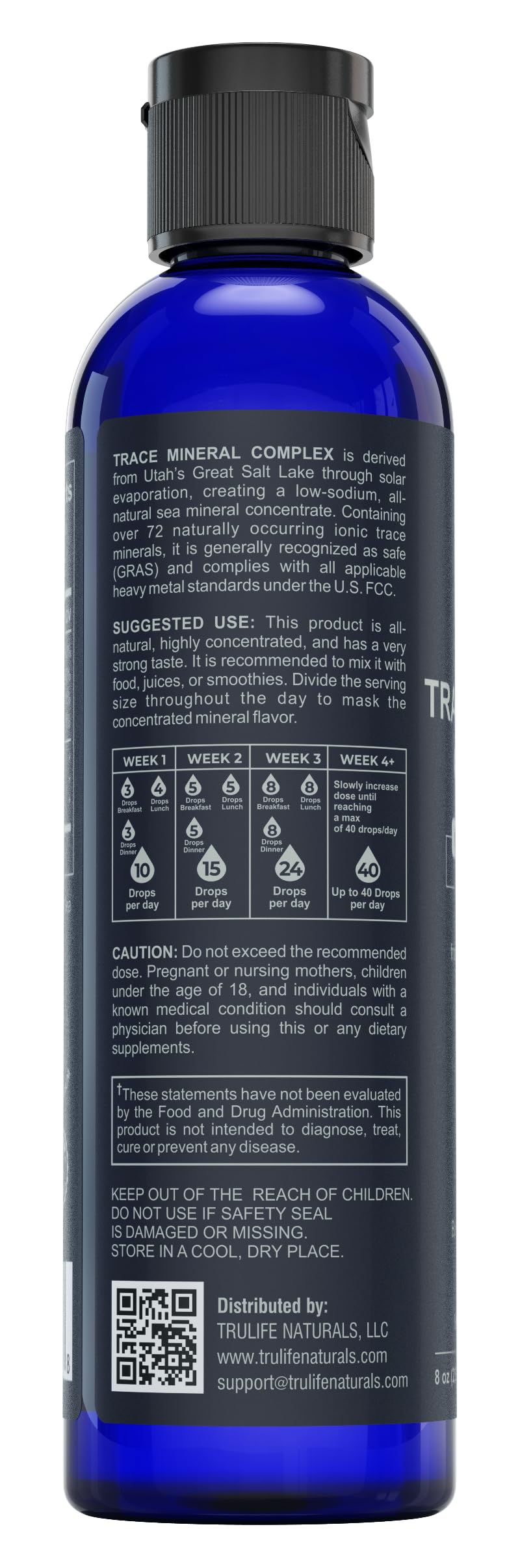 Close-up of label with magnesium and other minerals on TRULIFE NATURALS bottle.