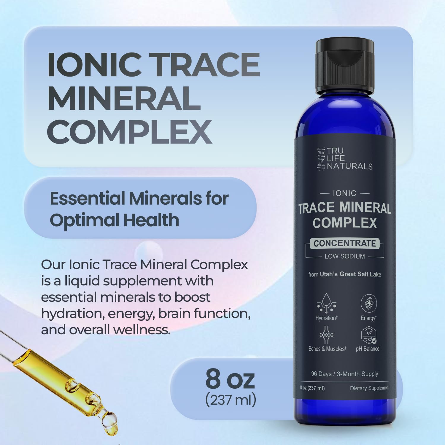 Unflavored TRULIFE NATURALS mineral liquid added to juice for flexible use.