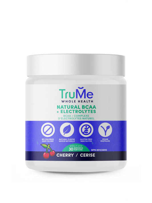 TruMe Whole Health Cherry BCAA bottle for convenient post-workout recovery
