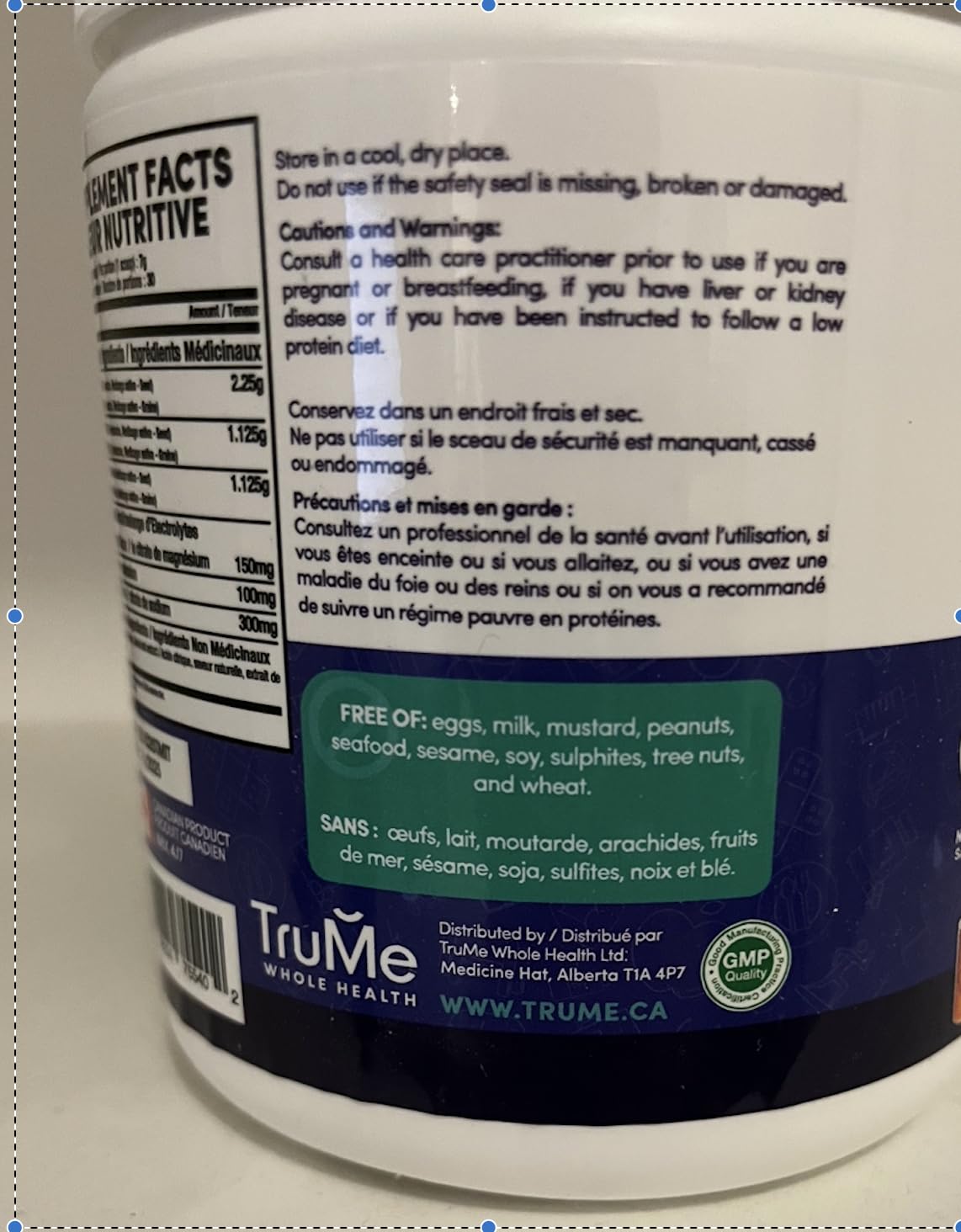 TruMe Whole Health electrolyte powder canister with packing close-up