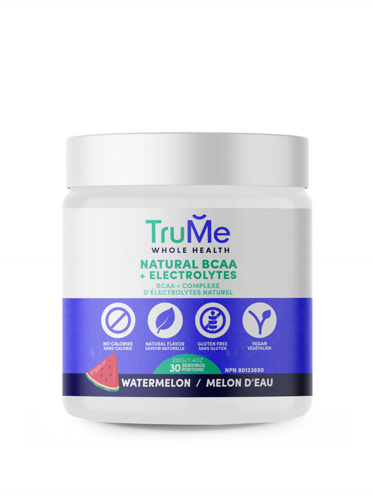 TruMe Whole Health Watermelon BCAA and Electrolytes bottle ready for post-workout recovery