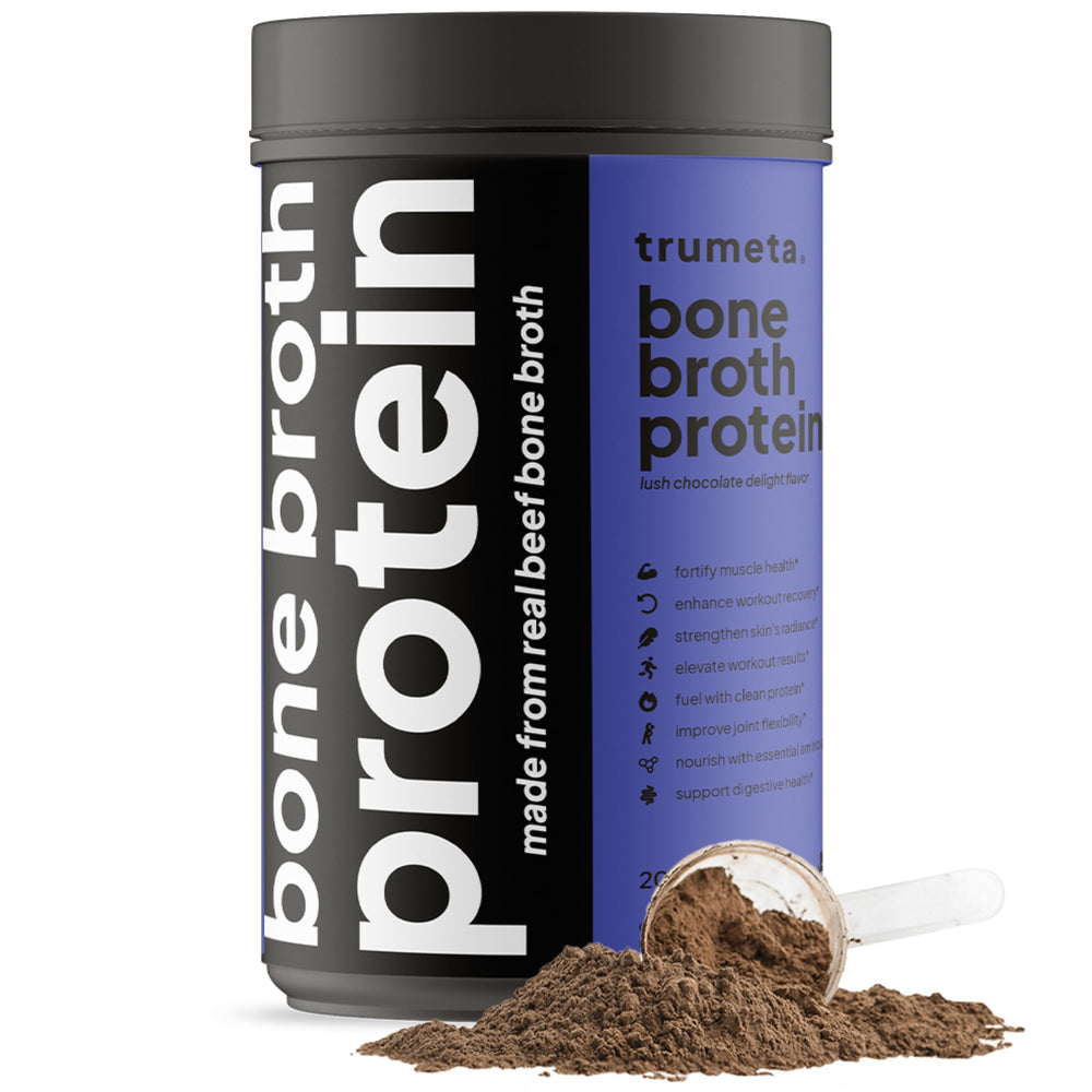 TRUMETA beef bone broth protein powder tub front showing premium collagen source