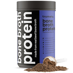 TRUMETA beef bone broth protein powder tub front showing premium collagen source