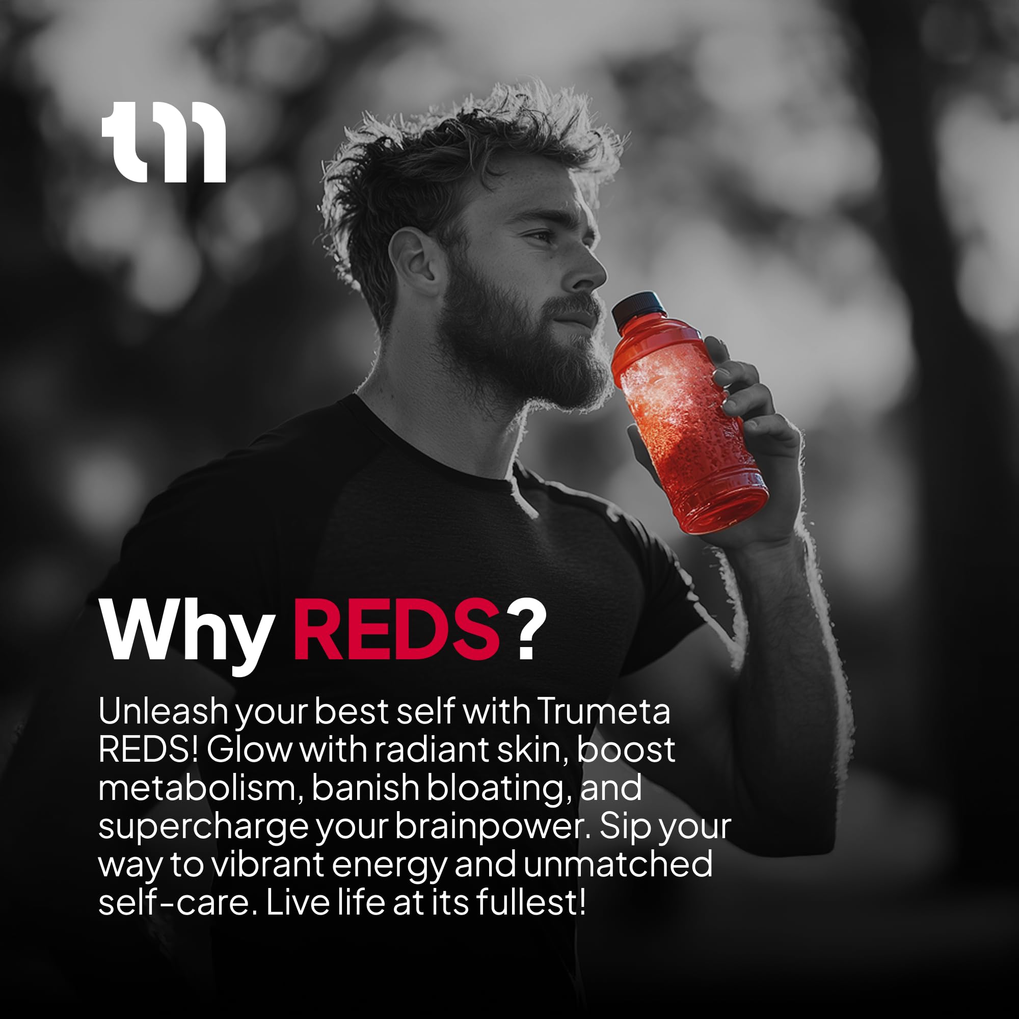 TRUMETA Reds bottle on desk highlights natural ingredients.