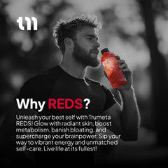 TRUMETA Reds bottle on desk highlights natural ingredients.