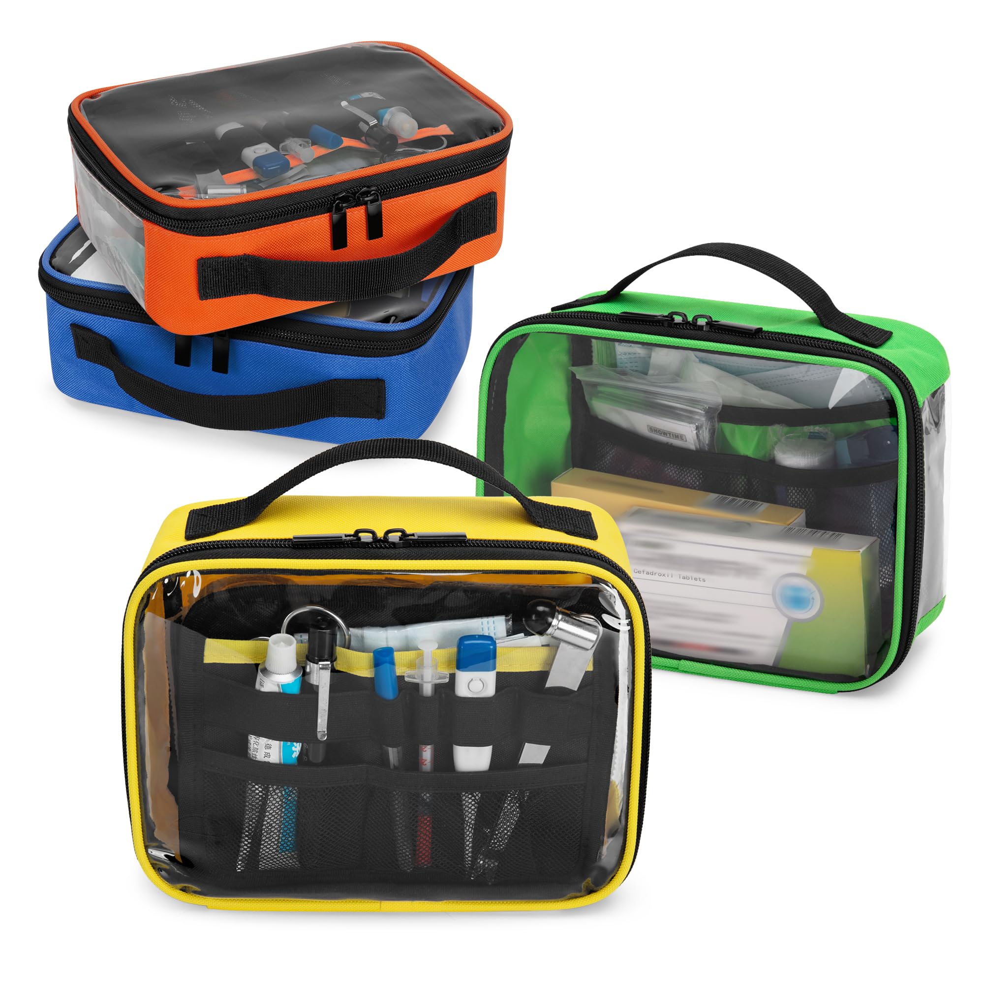 Trunab blue and green bags with elastic pockets and mesh pouches for organized medical supplies.