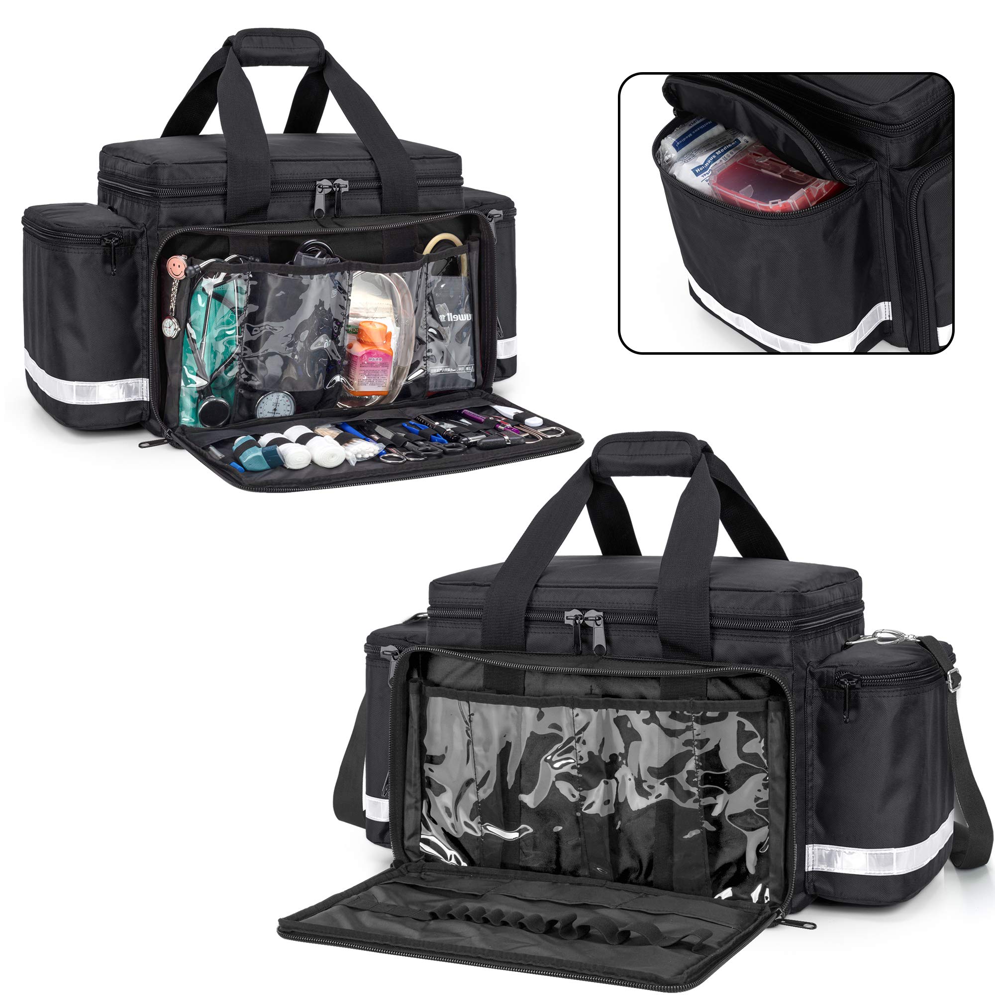 Trunab first aid bag removable dividers separate supplies for easy access.