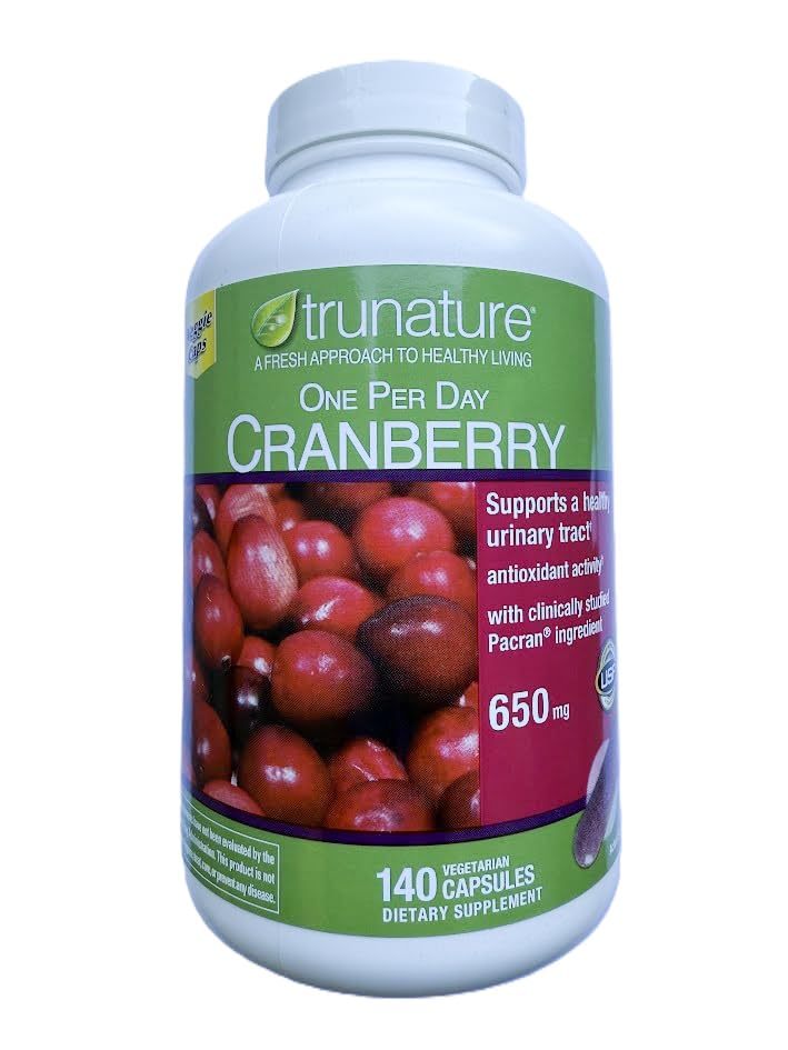 TruNature Cranberry 650 mg capsules in a 2-pack bottle for easy daily supplementation