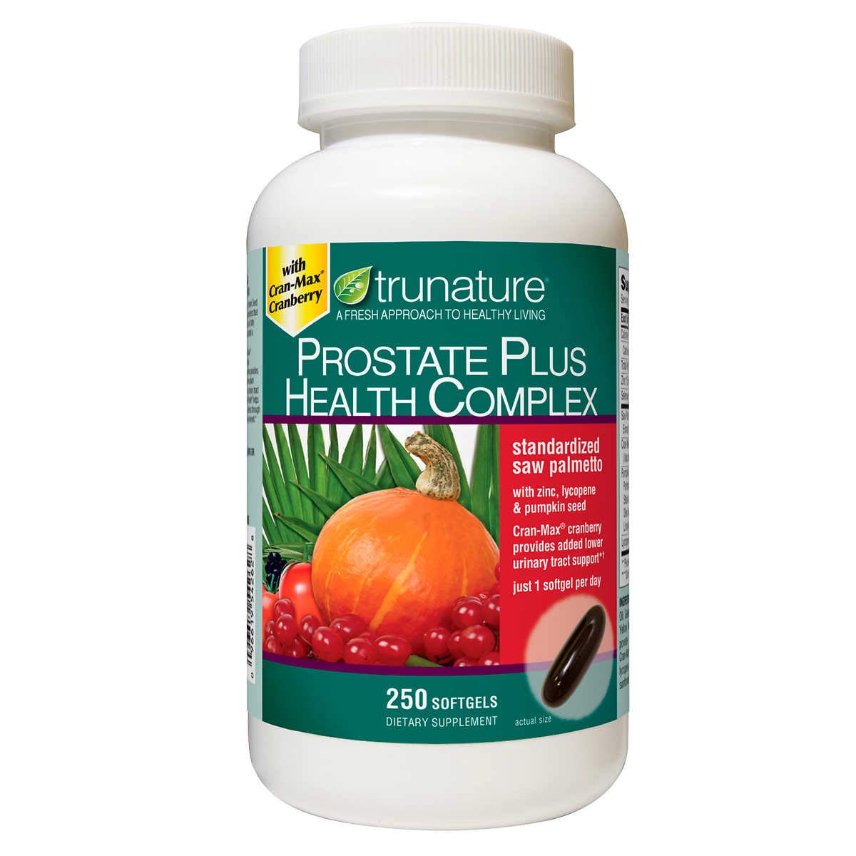 TruNature Prostate Health Complex bottle front view with 250 softgels for daily use.