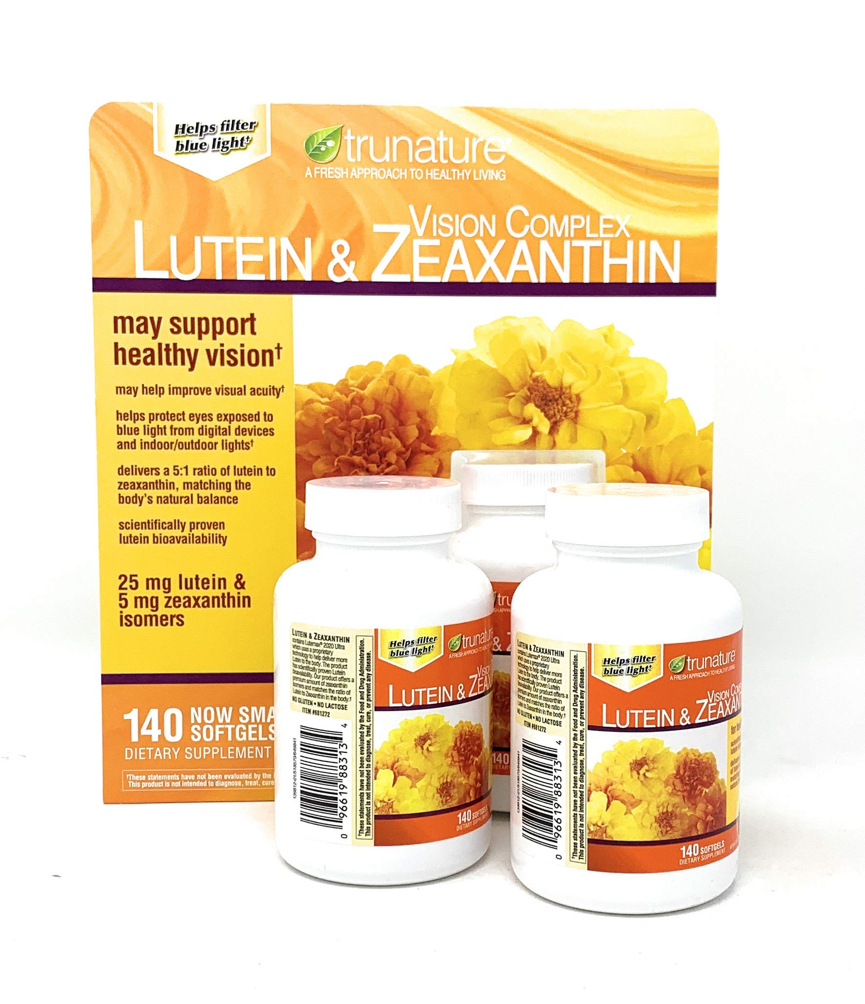 Close-up of label shows 25 mg lutein and 5 mg zeaxanthin