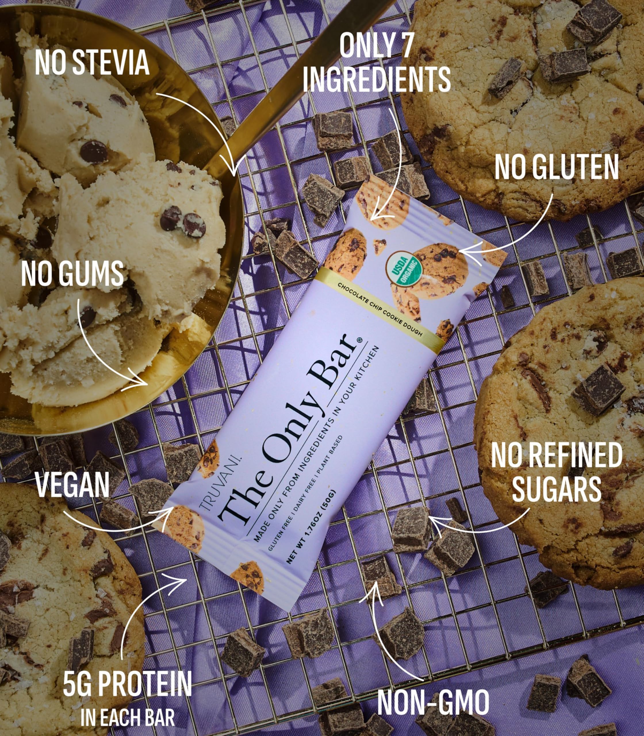 Truvani bar close-up highlights chocolate chips and almonds for natural flavor.