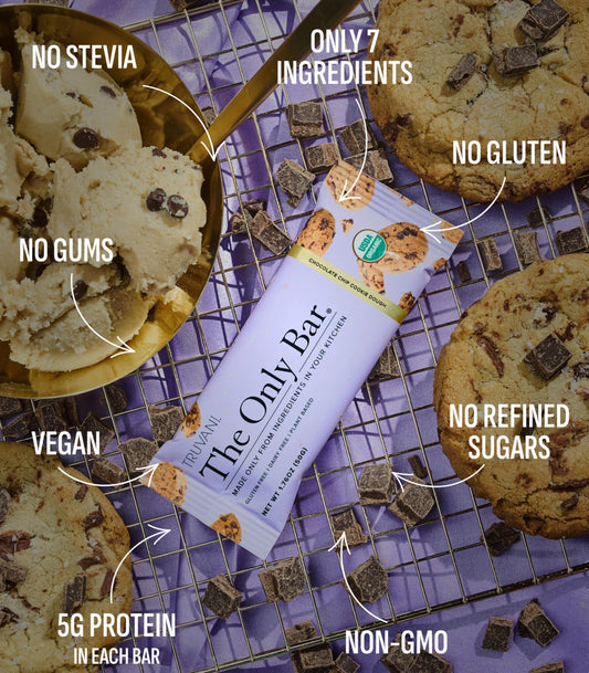 Truvani bar close-up highlights chocolate chips and almonds for natural flavor.
