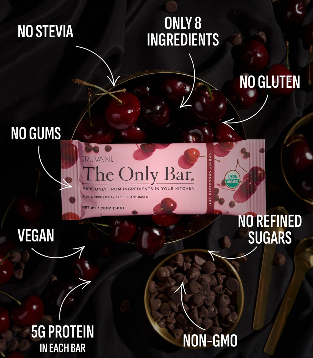 Truvani bar with USDA Organic badge and clean ingredients for mindful eating.