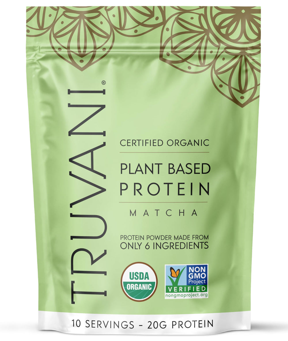 Truvani Matcha pea protein jar with clean organic ingredients for busy mornings.