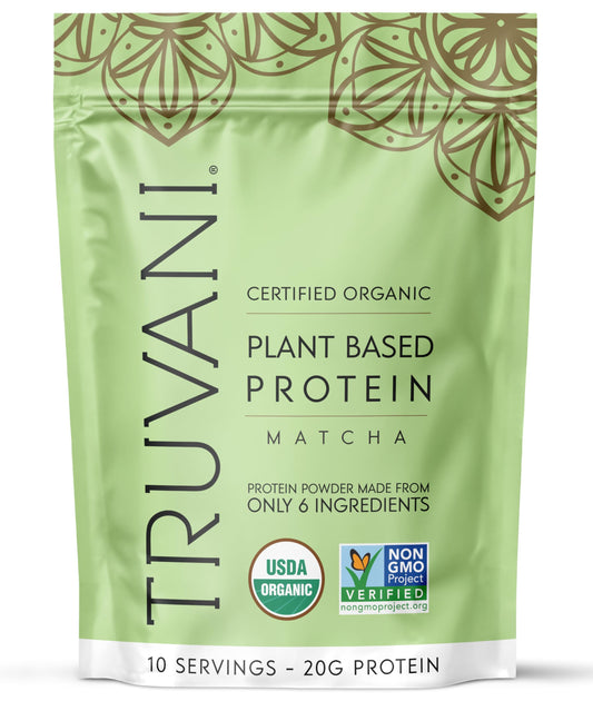 Truvani Matcha pea protein jar with clean organic ingredients for busy mornings.