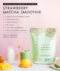 Truvani Matcha pea protein open packet suggests ready-to-use nutrition on busy days.