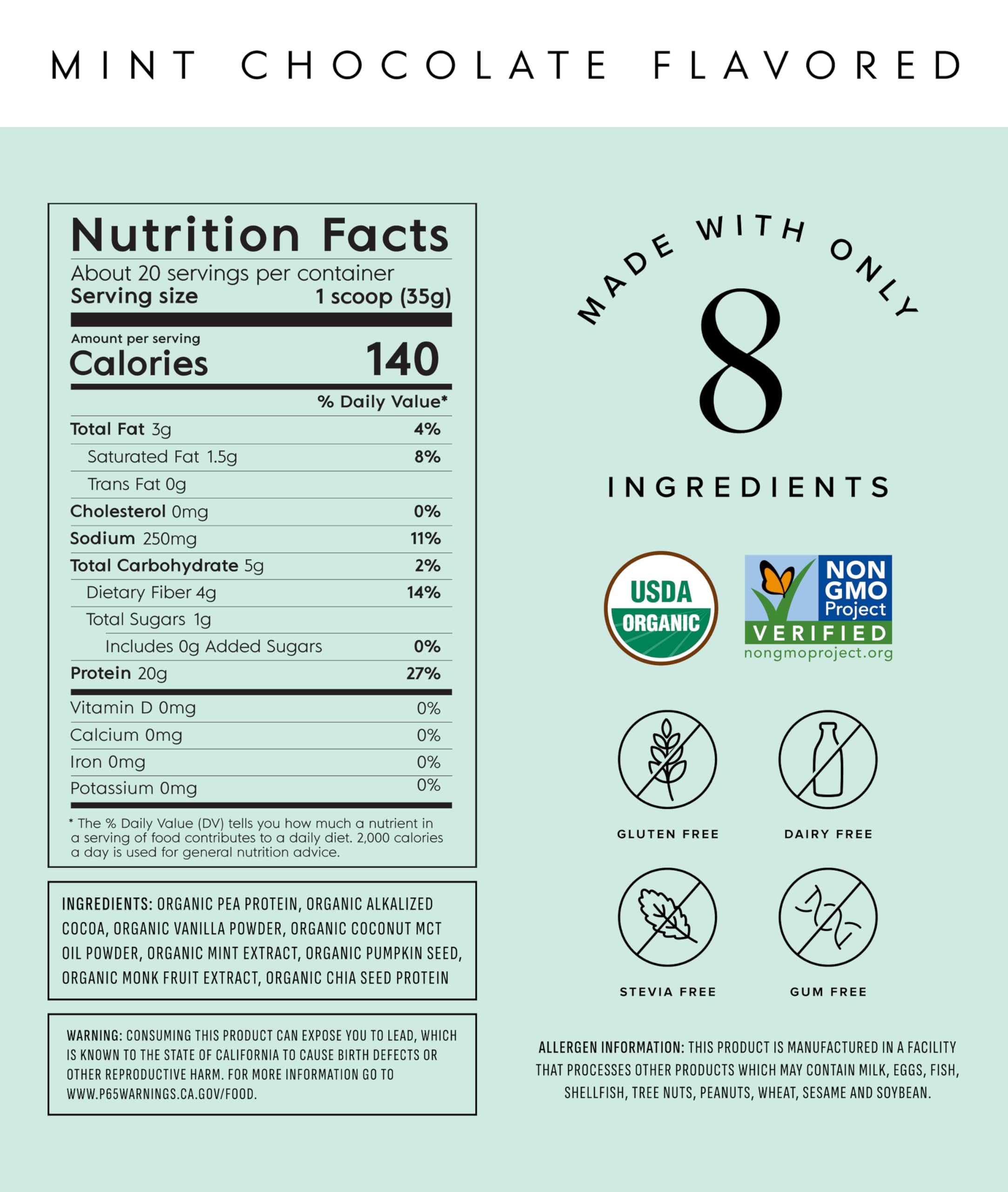 Truvani mint chocolate label close-up, showcasing USDA Organic and non-GMO certification.