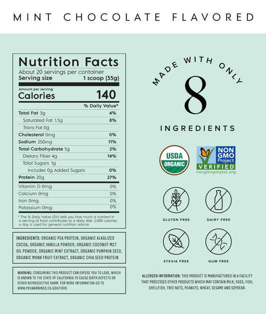 Truvani mint chocolate label close-up, showcasing USDA Organic and non-GMO certification.