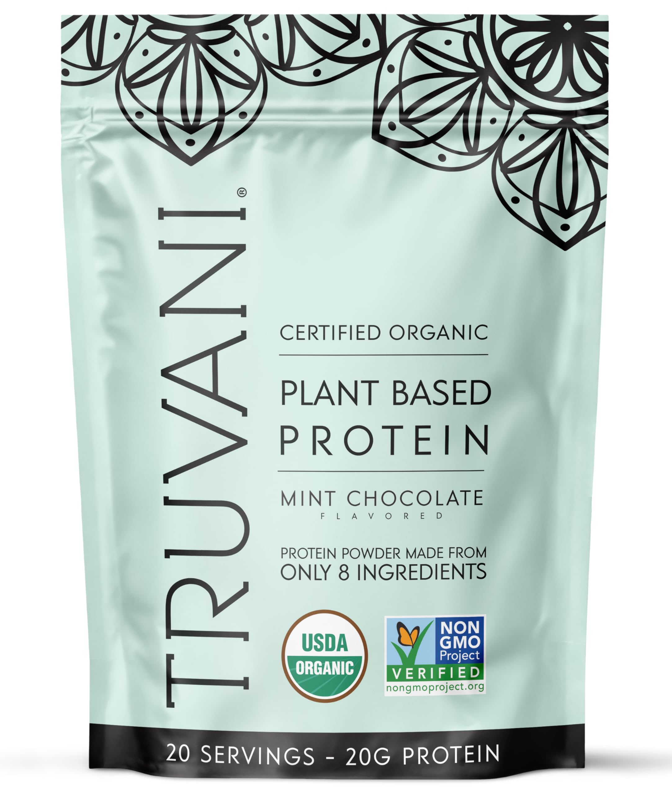 Truvani Mint Chocolate protein powder jar front, highlighting organic ingredients for clean plant-based nutrition.