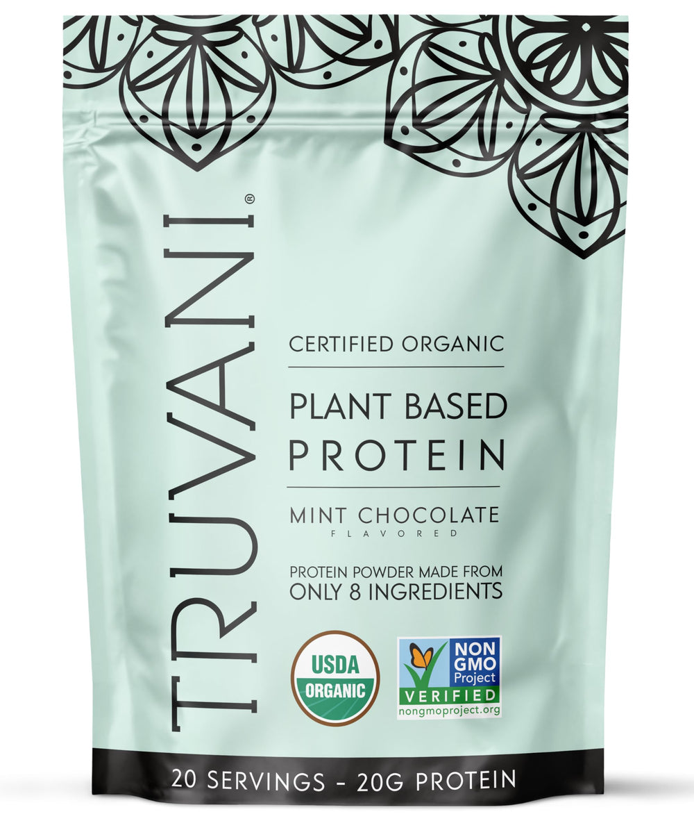 Truvani Mint Chocolate protein powder jar front, highlighting organic ingredients for clean plant-based nutrition.