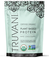 Truvani Mint Chocolate protein powder jar front, highlighting organic ingredients for clean plant-based nutrition.