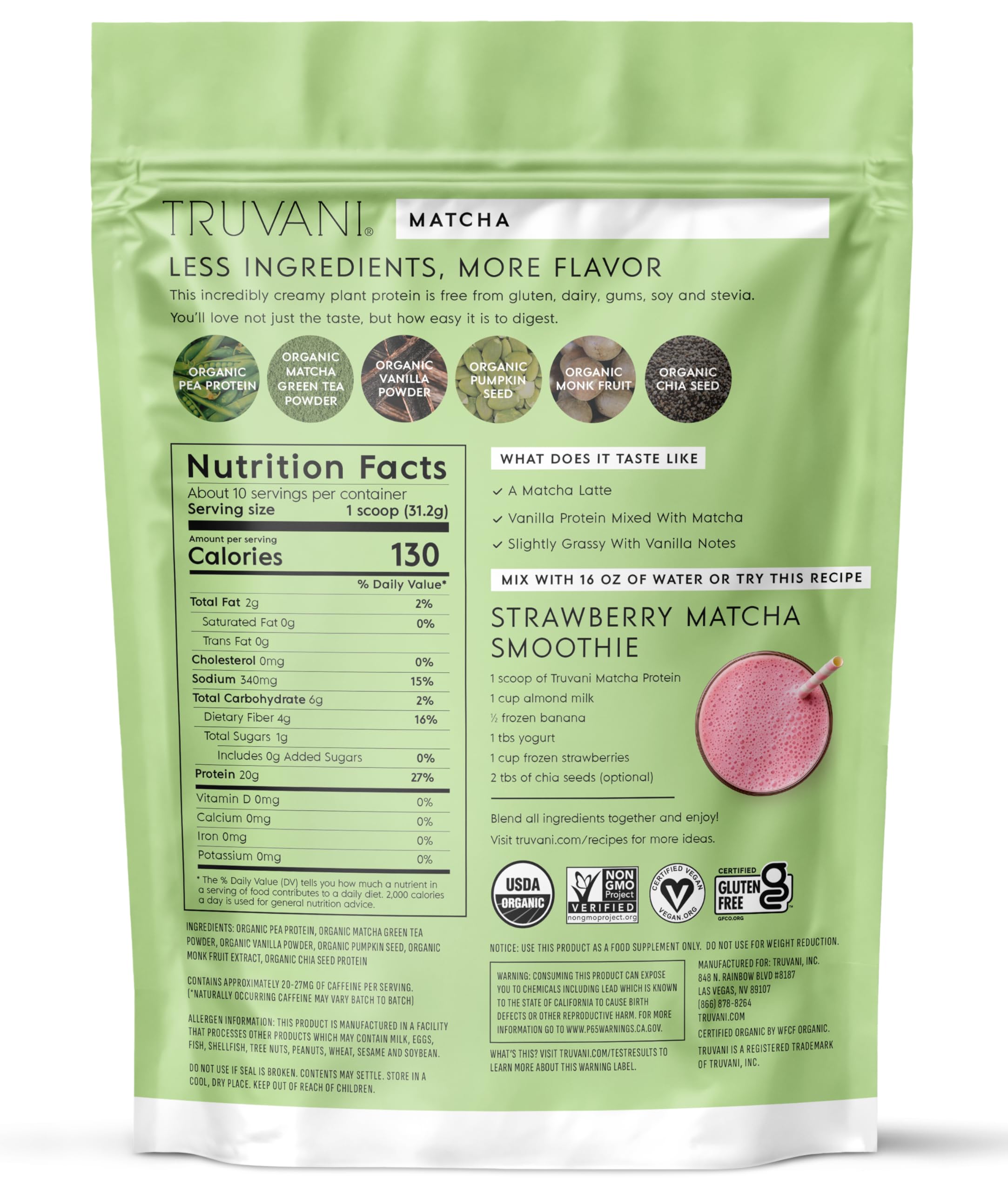 Truvani nutrition facts panel emphasizing low carb and no added sugar.