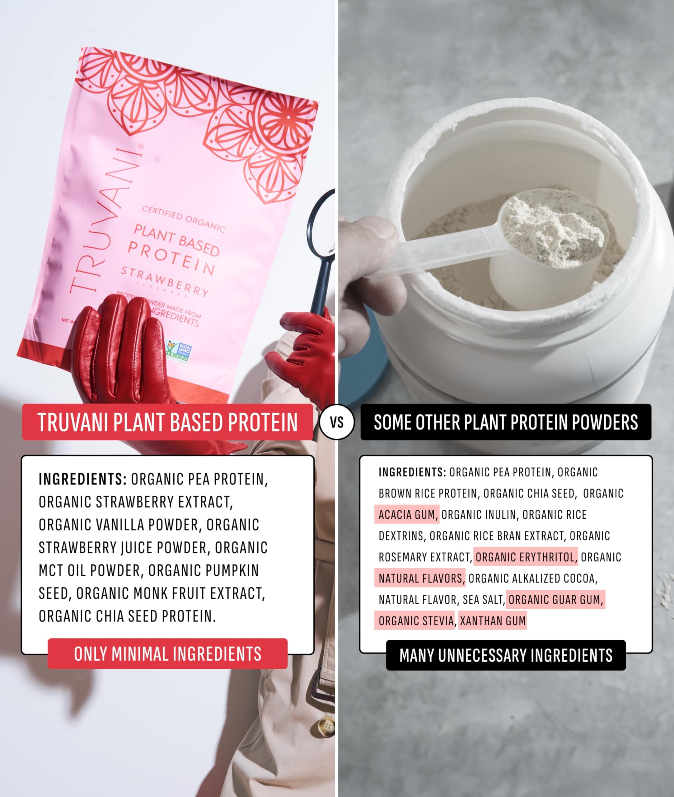 Close up of organic ingredients in Truvani vegan protein blend