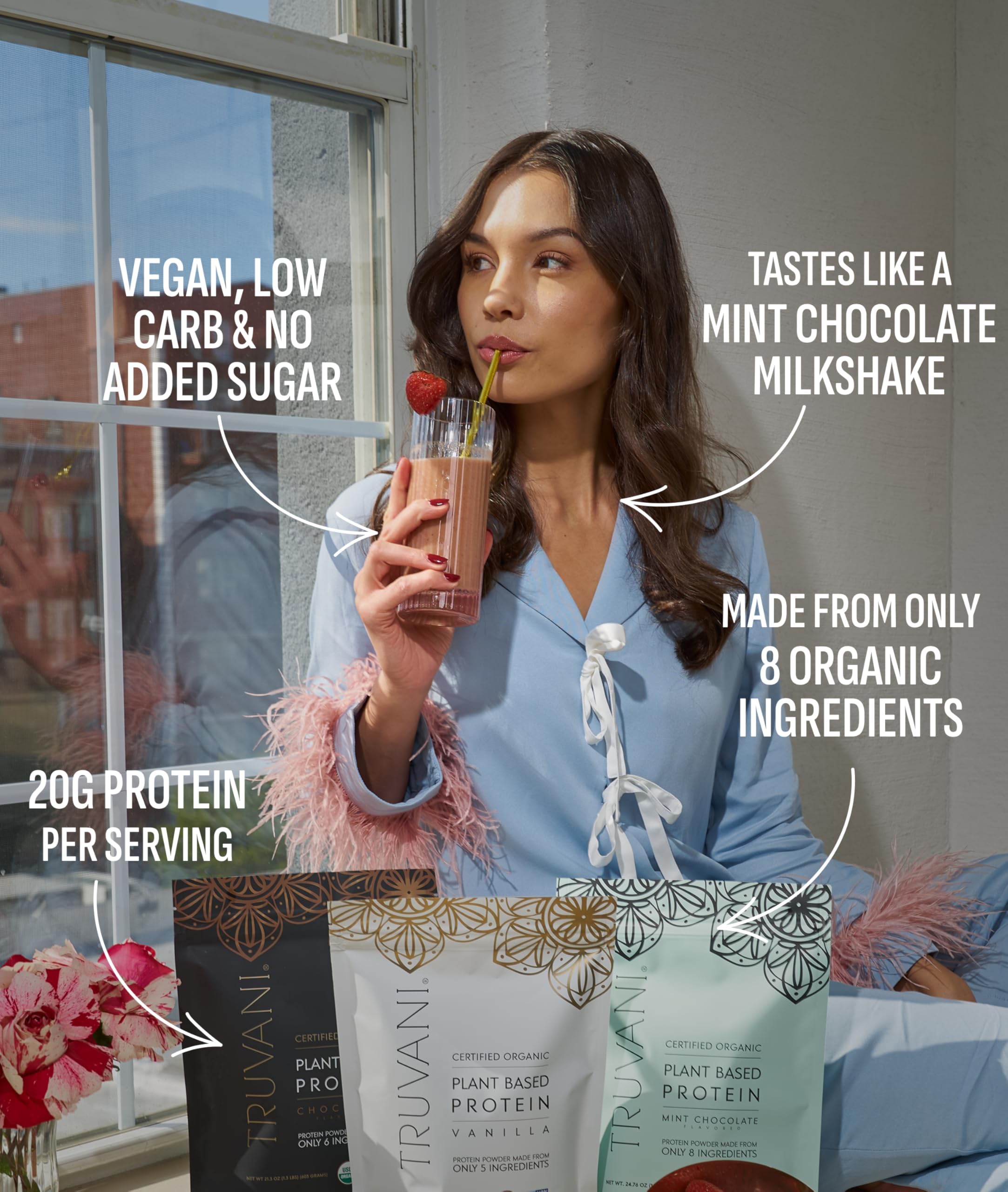 Truvani organic label closeup confirms organic, non-GMO plant-based ingredients.