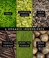 Truvani organic pea protein ingredients highlighting protein from peas, pumpkin seeds, chia.