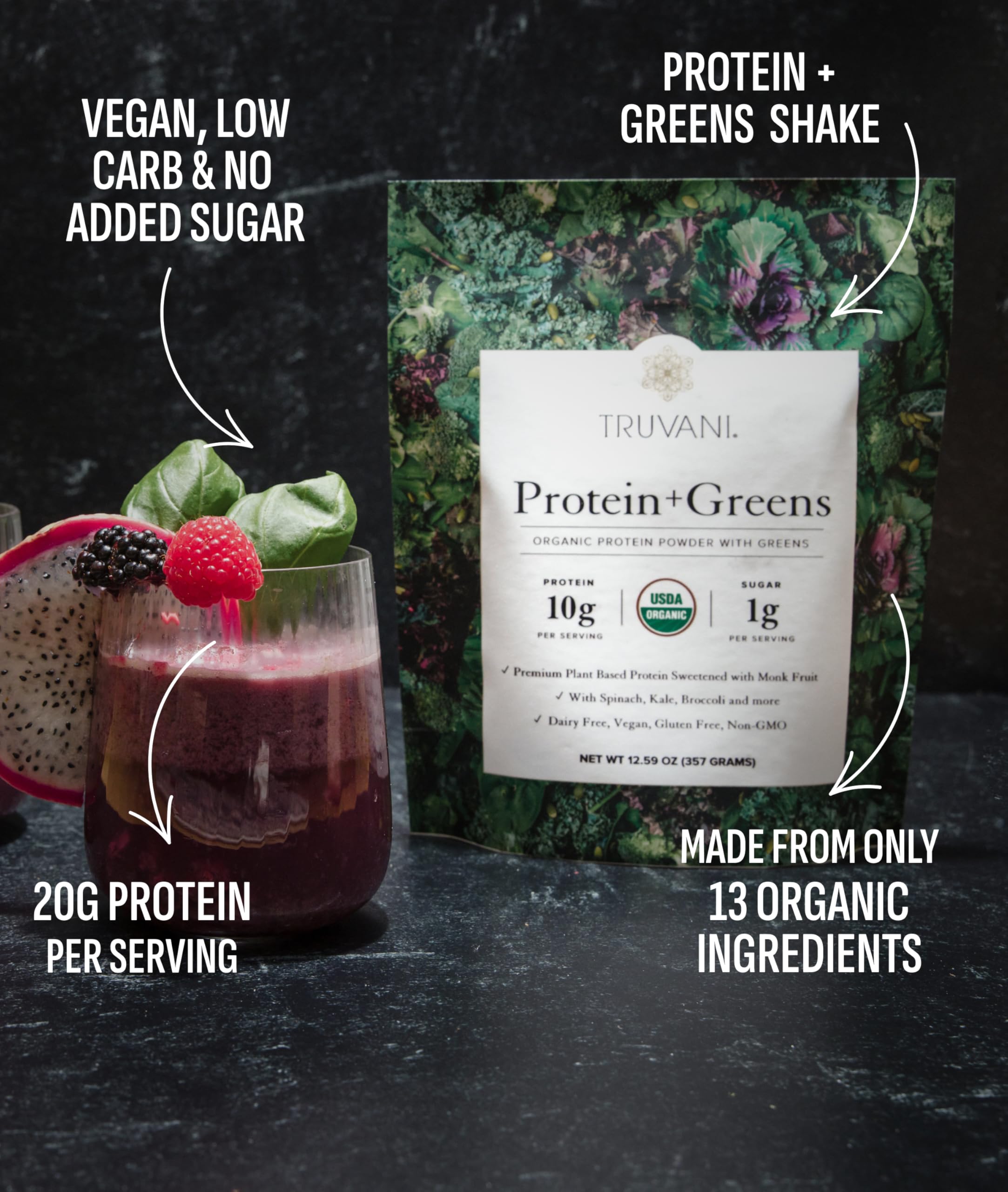 Truvani Organic spinach kale broccoli image highlights greens nutrition.