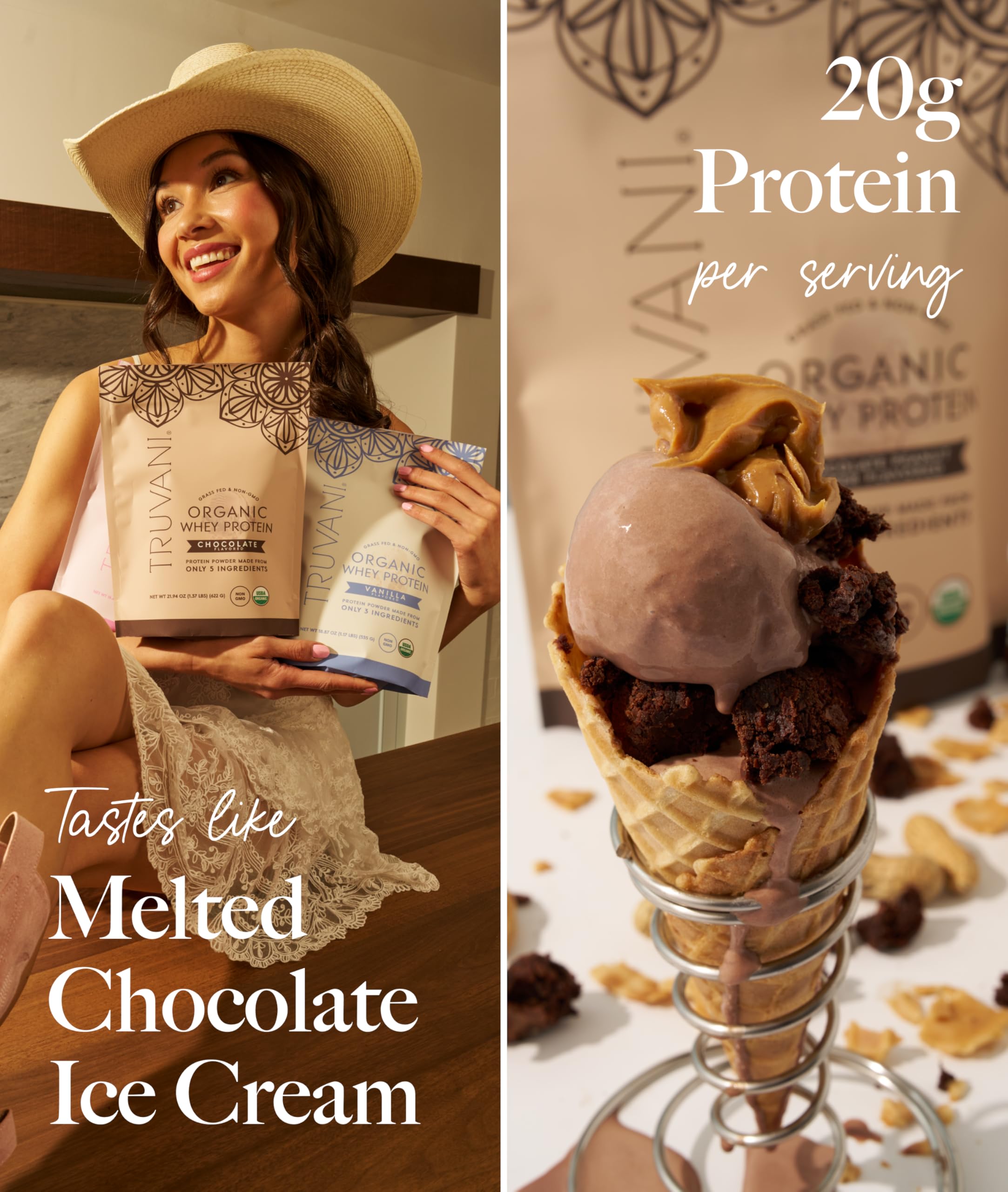 Ingredient close-up features cocoa powder and peanut flour in Truvani formula.