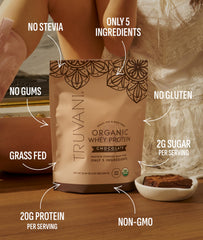 Label close-up confirms USDA Organic and Non-GMO certification for Truvani whey.
