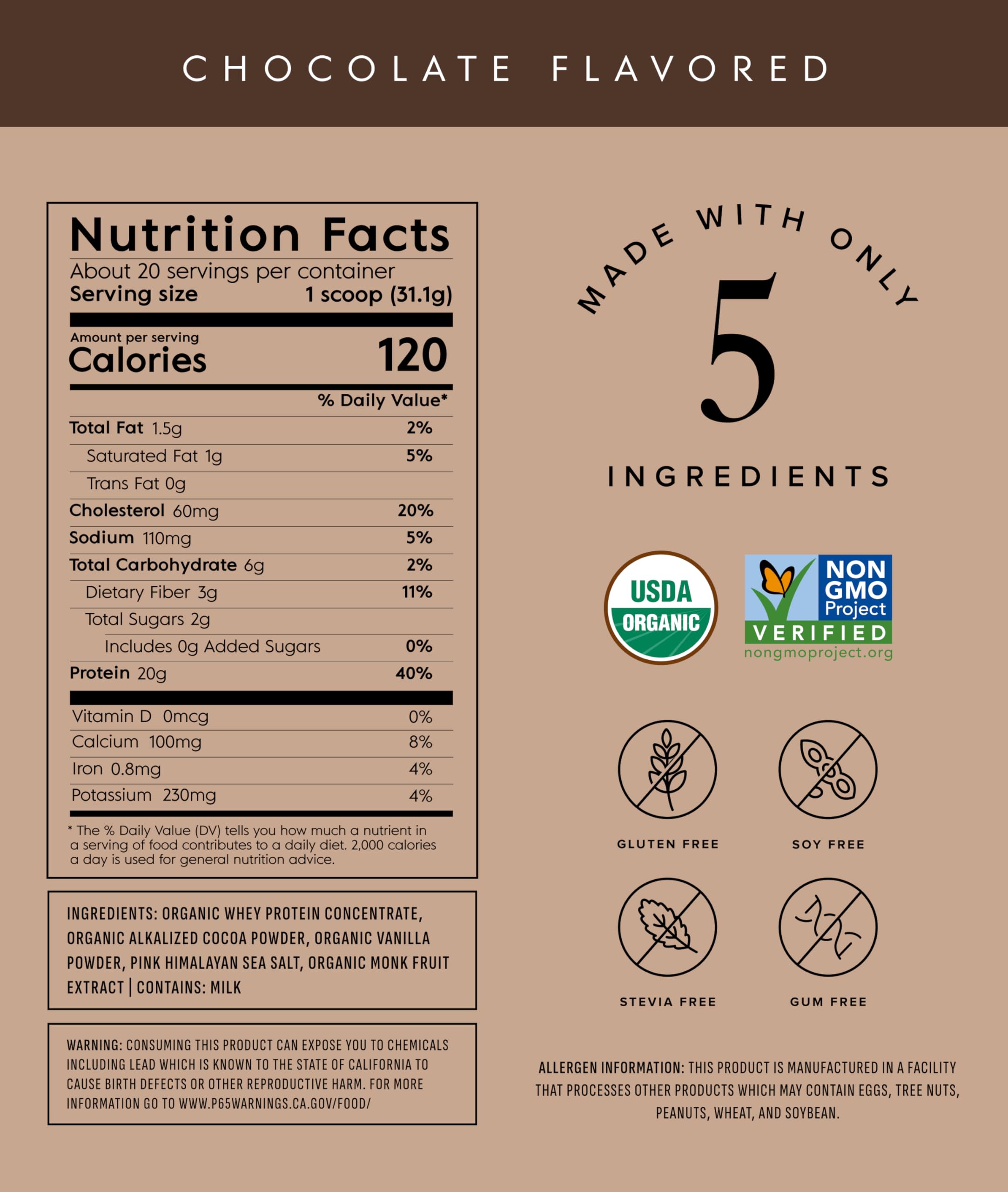 Scoop of Truvani chocolate whey powder highlights 20g protein per serving.