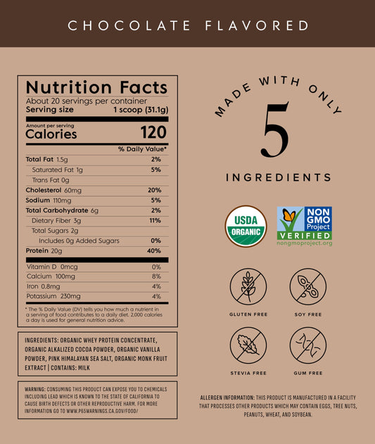 Scoop of Truvani chocolate whey powder highlights 20g protein per serving.