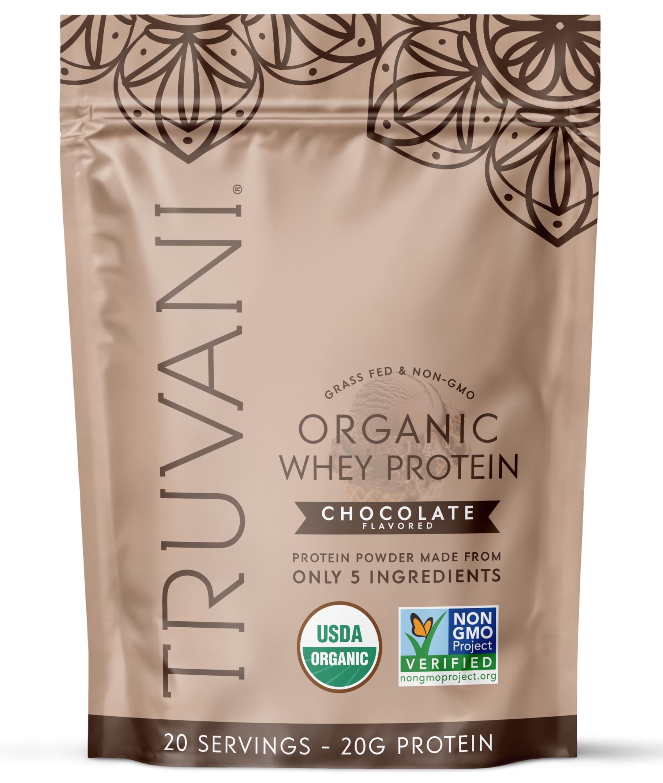 Truvani Organic Whey Protein Powder chocolate tin front shows clean-label, grass-fed ingredients.