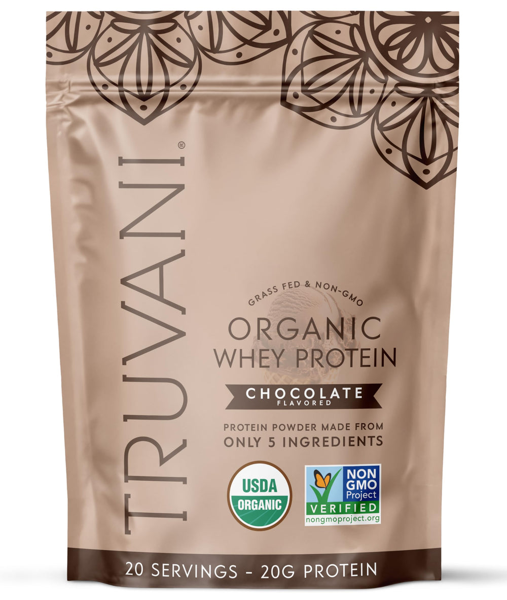 Truvani Organic Whey Protein Powder chocolate tin front shows clean-label, grass-fed ingredients.