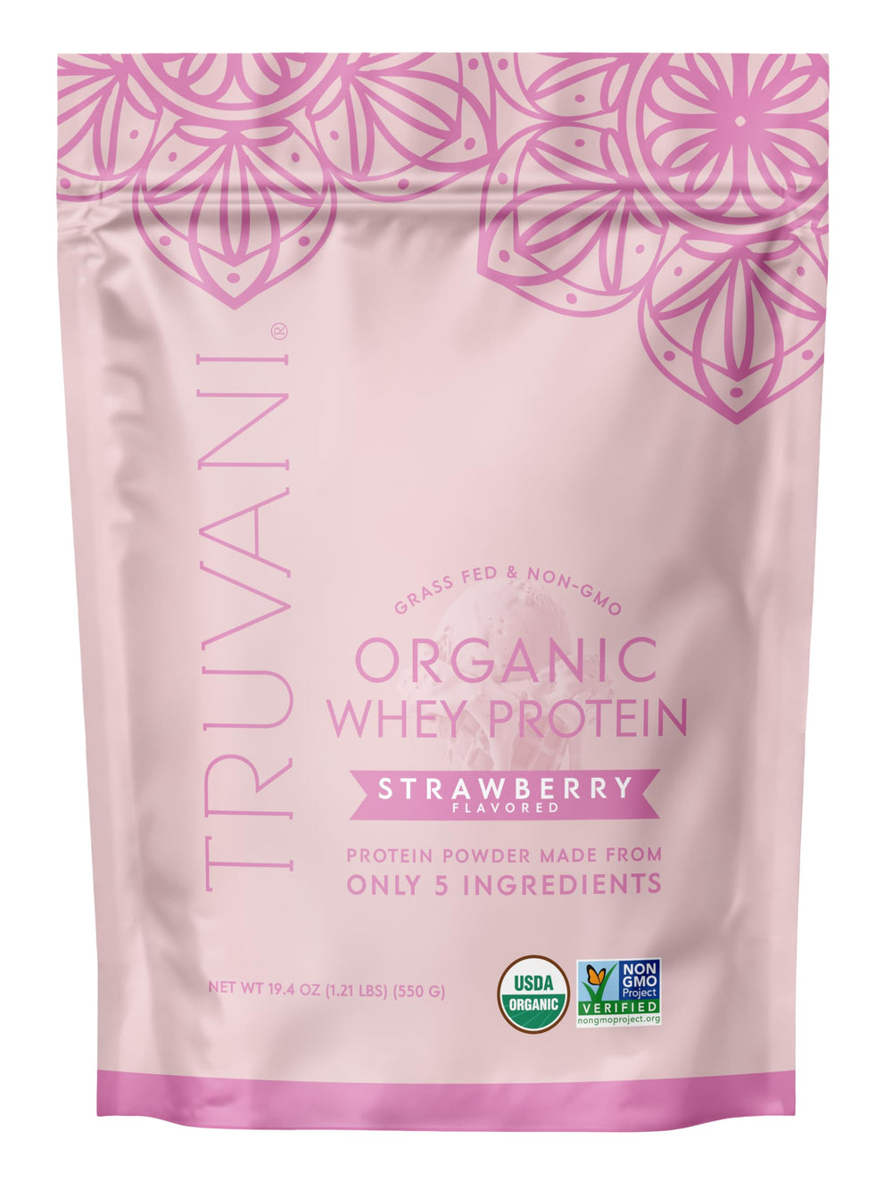 Truvani Organic Whey Protein Strawberry jar shows clean, organic ingredients for daily nutrition.