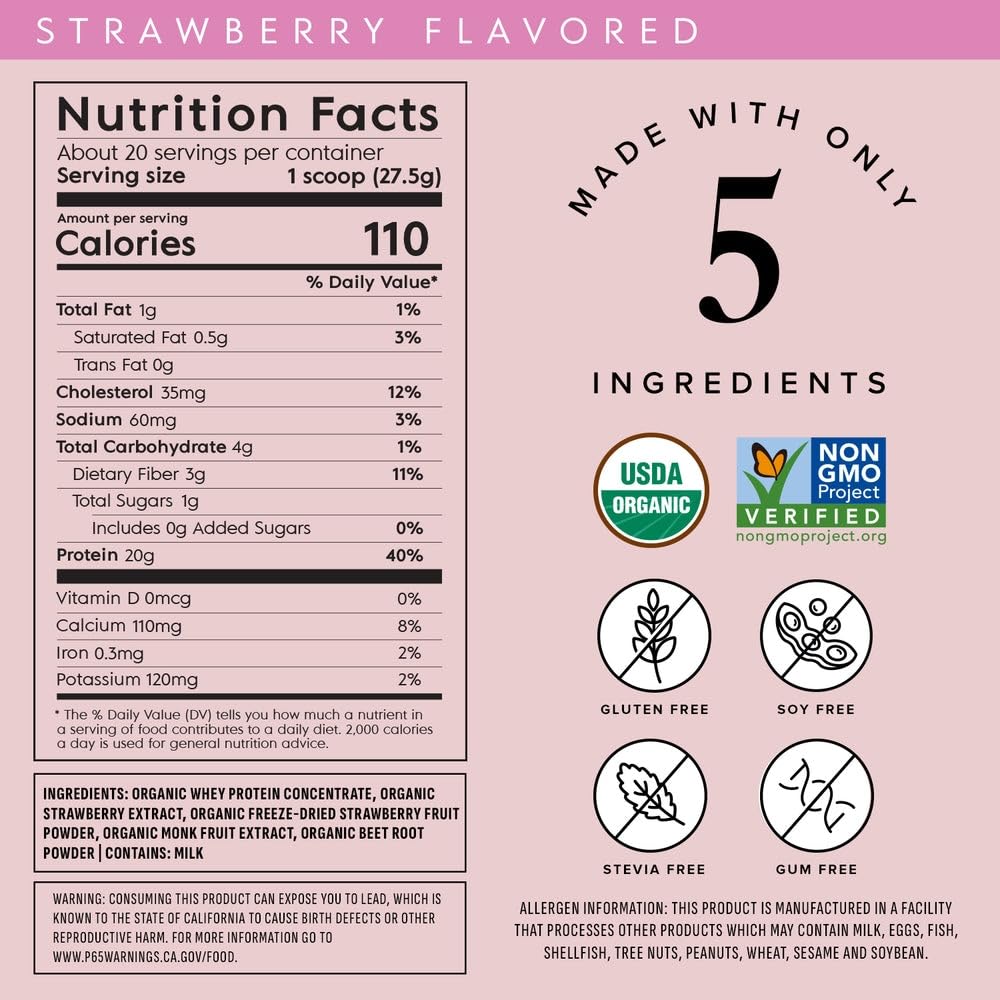 Truvani Organic Whey Protein Strawberry label close-up emphasizes USDA Organic certification.